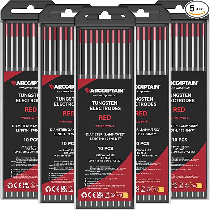 ARCCAPTAIN TIG Welding Tungsten Electrode 10-Pack 3/32"x 7"(Red, WT20/EWth-2) X 5 Pcs
