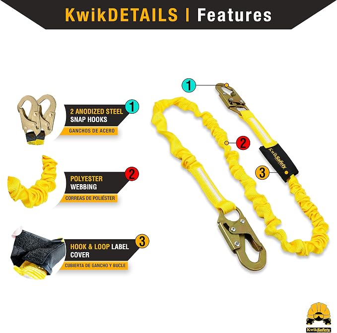 KwikSafety - Charlotte, NC - Rattler [4 Pack] Internal Shock Absorber Single Leg 6ft Safety Lanyard OSHA ANSI Fall Arrest Protection Equipment Snap Hooks Construction Arborist Roofing