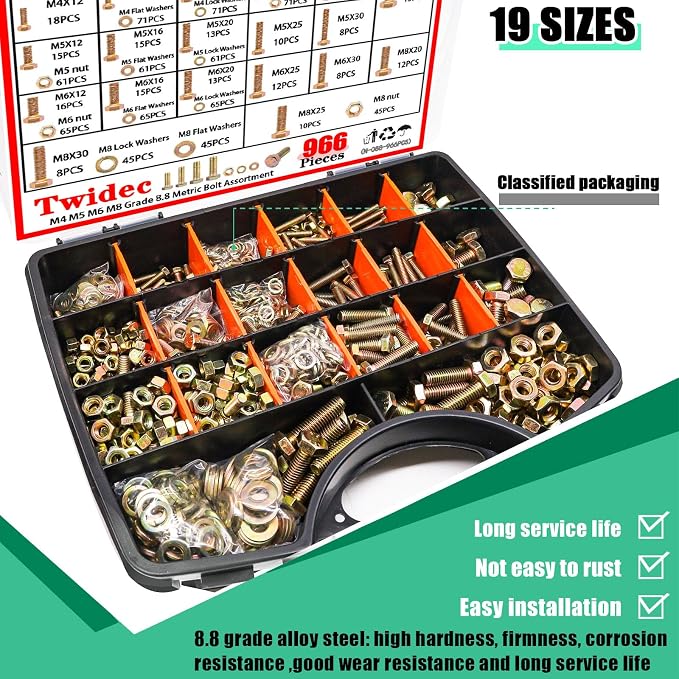 Twidec/966PCS Metric Bolt Assortment,Grade 8.8 Hex Head Bolts and Nuts Assortment Kit, M4/M5/M6/M8(12-30mm)Heavy Duty Nuts and Bolts Kit, Flat & Spring Lock Washer Gold Zinc Plating With Storage Case