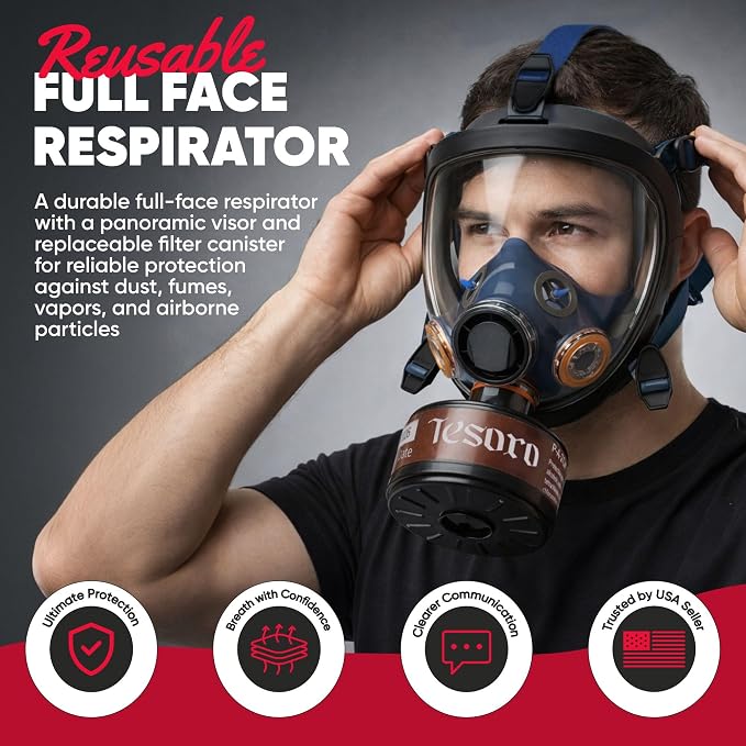 Full Face Respirator - Heavy-Duty Anti-Fog Air Filtration Mask Compatible with Industry Standard 40mm Gas Filter Canister for Vapor & Particulates - CE Tested