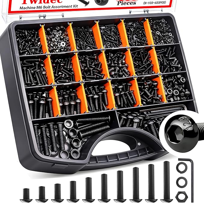 Twidec/633PCS M6 Bolt Assortment Kit 12.9 Grade M6x10/12/14/16/20/25/30/35/40/45mm Button Head Hex Socket Cap Screws Metric Bolts Nuts Washer Assortment Kit Black Alloy Steel N-103-633PCS