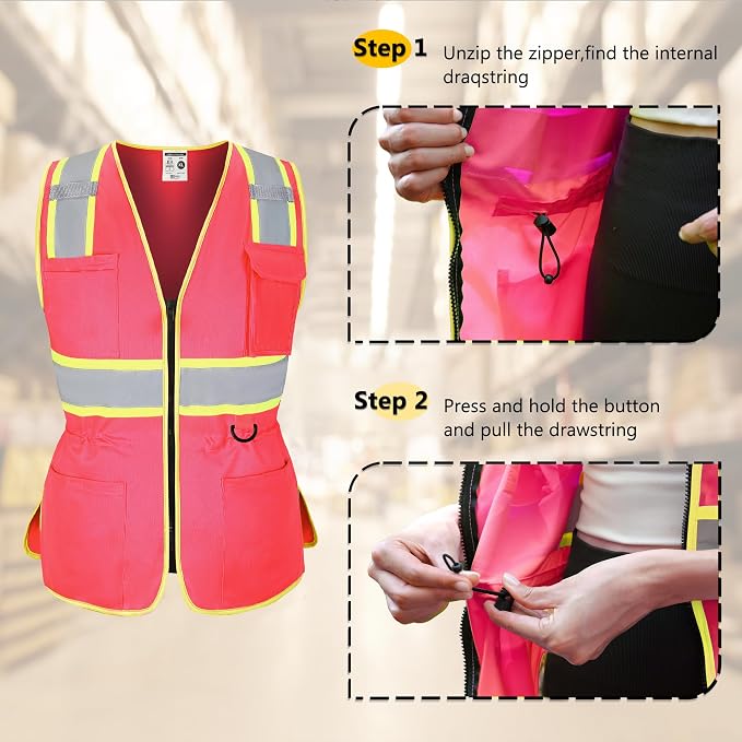 FATONE Women's ANSI Class 2 High-Vis Safety Vest with Reflective Strips, Zipper Pockets & Adjustable Waist - Pink/Yellow Construction Work Vest for Warehouse Personnel, Road Crews XL