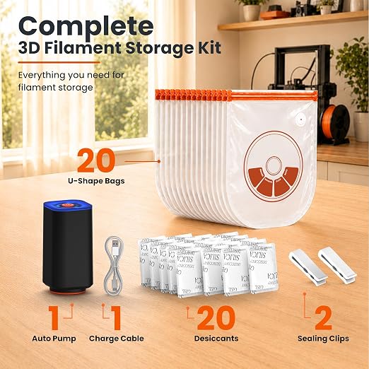 20 PCS U-Shaped 3D Filament Storage Bags Kit, 3D Printer Accessories for PLA, PETG, ABS, TPU, with Auto Pump, 20 Desiccants, 2 Sealing Clips, Extra-Thick Moisture & Dust Resistant