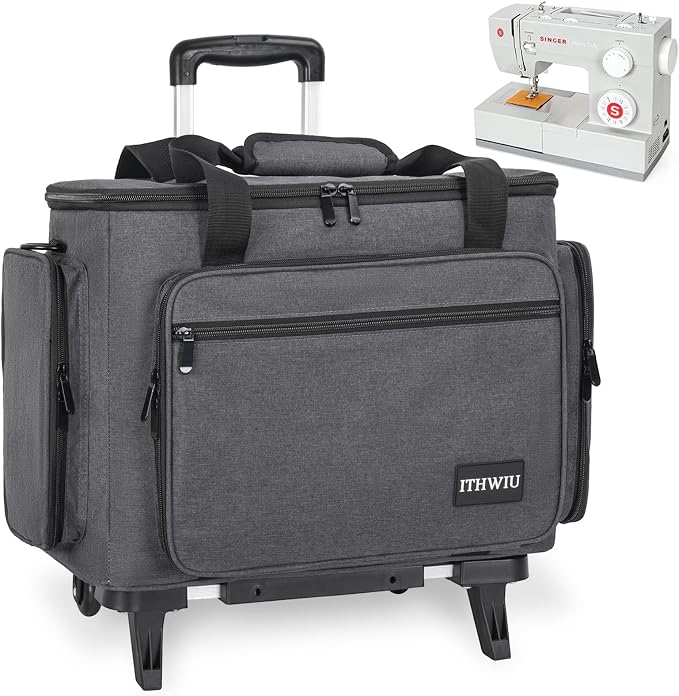 Sewing Machine Case with Wheels, Universal Rolling Trolley Tote with Shoulder Strap & Multiple Storage Pockets Compatible with Most Standard Singer, Brother, Janome, Grey
