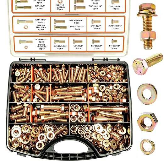 535PCS Grade 8 SAE Bolts and Nuts Kit - Heavy-Duty Alloy Steel Hex Bolt Set with Flat & Lock Washers, Yellow Zinc Plated (1/4-20, 5/16-18, 3/8-16) for DIY, Automotive & Industrial Use