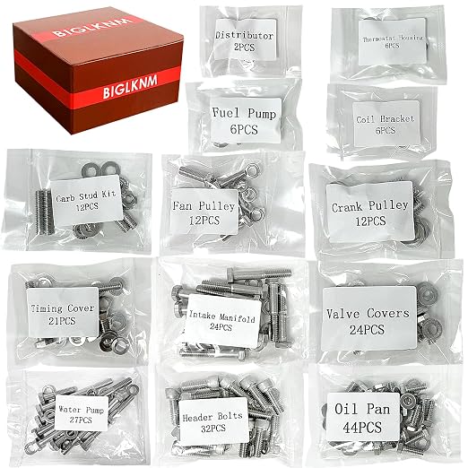 Hex Bolt Kit for Ford 260 289 302 Carbureted Engine 1985 & Older | 228 Pcs Nuts & Bolts, 304 Stainless Steel, fits 260 289 302 Engines with a Passenger side water pump (Lower Radiator Hose)