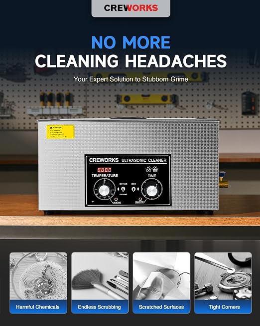 CREWORKS 22L Ultrasonic Cleaner with Heater and Timer, 480W Stainless Steel Ultrasonic Cleaner Machine with Degas & Gentle Modes, Ultrasonic Parts Cleaner with Knob Control for Machine Part Auto Tool