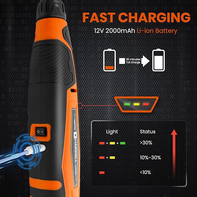 HARDELL 12V Cordless Rotary Tool Kit 6-Speed 30000RPM Rotary 94 Accessories | Power Rotary Tools for Engraving, Sanding, Polishing, Cutting, Carving, DIY and Craft Projects