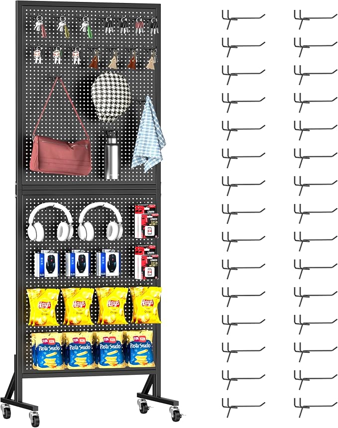 Folews 24″ x 70″ Pegboard Display Stand, Freestanding Metal Peg Board Display with 30 Hooks & Wheels Portable Standing Pegboard Rack for Vendor Retail Craft Show Fair Garage DIY, Black