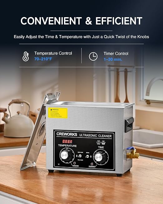 CREWORKS 6L Ultrasonic Cleaner with Heater and Timer, 180W Stainless Steel Ultrasonic Cleaner Machine with Degas & Gentle Modes, Ultrasonic Parts Cleaner with Knob Control for Jewelry Glasses Watch