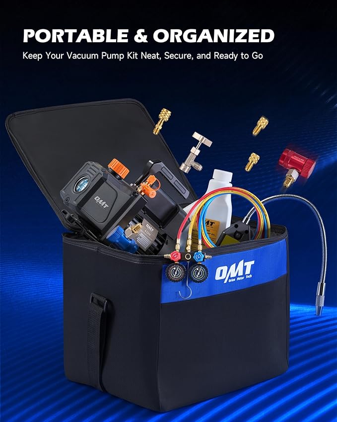 Orion Motor Tech 4 cfm AC Vacuum Pump and Gauge Set, Single-Stage AC Manifold Gauge Set with Vacuum Pump for R454B R1234yf R32 R410a System, Spark-Proof HVAC Vacuum Pump Kit with Overheat Protection