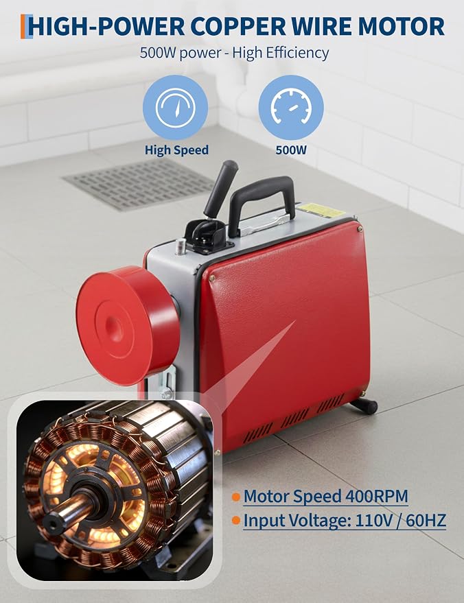 Drain Cleaner Machine with 66FT x 5/8" & 16FT x 3/8" Steel Cables, 7 Cutters, Electric Sewer Snake Drain Auger, 500w Power Drain Cleaner Machine, Auto Feed Pipe Snake for 3/4" to 4" Pipes