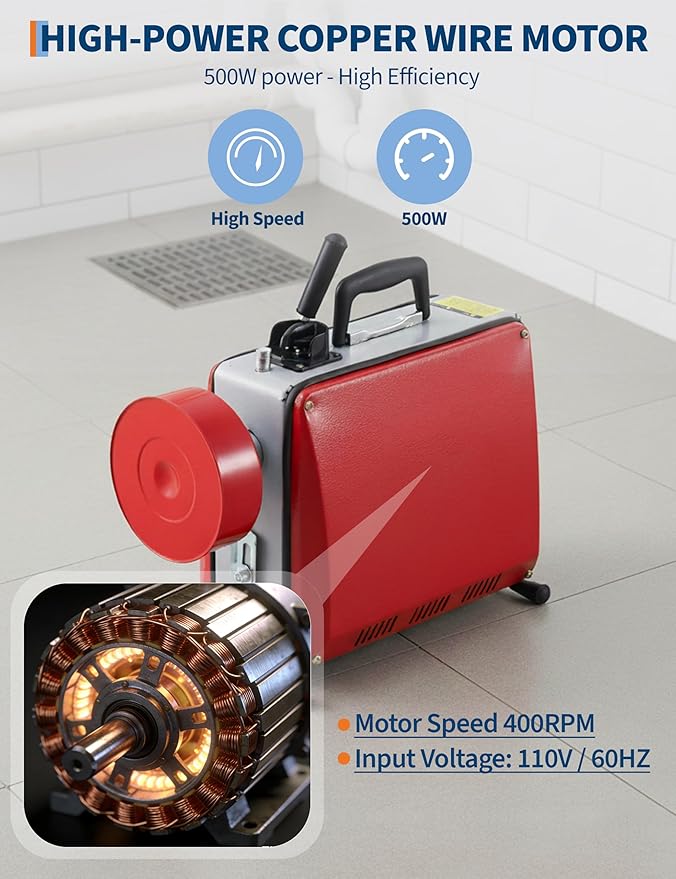Electric Drain Auger Sewer Snake, 66'x5/8" & 16'x3/8", 500 w, 400 RPM, Auto Feed Drain Cleaning Machine with 7 Cutter & 2 Steel Cables, Portable Pipe Cleaner for Household and Professional Use