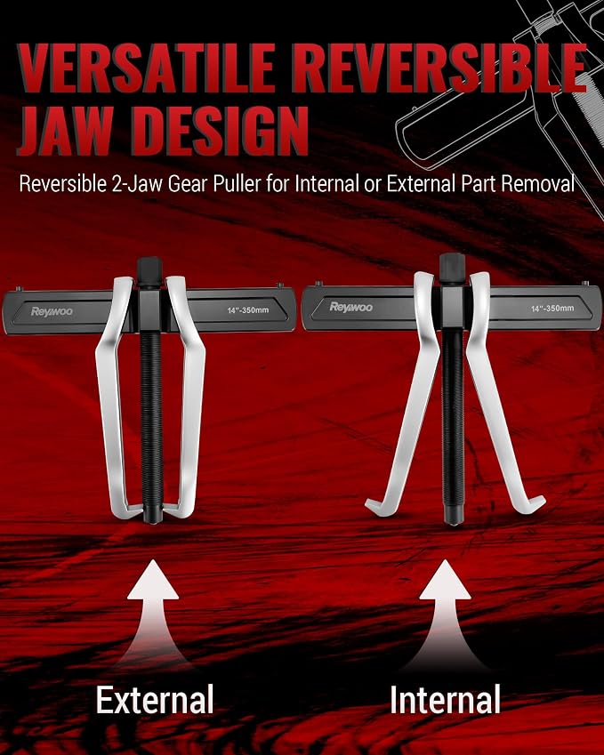 Reywoo 14" 2-Jaw Gear Puller for External (12.4" Max) & Internal (16.1" Max) Pulling, Heavy-Duty Bearing, Flywheel, Pulley and Gear Remover Tool, Adjustable CR-V Steel