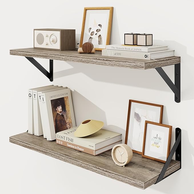Floating Shelves 8 Inch Deep, 24W x 8D Wall Shelf Set of 2, 50 lbs Heavy Duty Reversible Metal Brackets, Industrial Book Shelf for Living Room Kitchen Bathroom Bedroom Gallery Wall, Grey