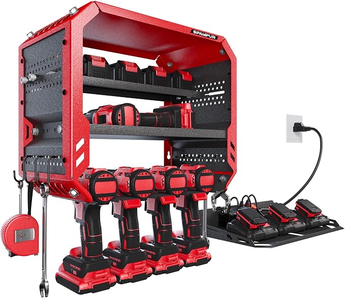 Christmas Gift for Men - End His Garage Clutter | Red Power Tool Organizer Wall Mount with Charging Station | All-in-One 3-Tier Heavy Duty Tool Rack with 420lb Capacity for Dad, Husband, DIYers