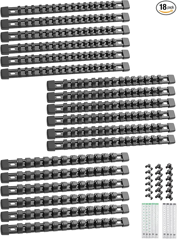 ALOANES 18PC Socket Organizer, Socket Rails Fit 1/2", 1/4" and 3/8" Drive | Heavy Duty ABS Socket Holders Hold up 258 Sockets for Toolbox Drawer Bags(Black)