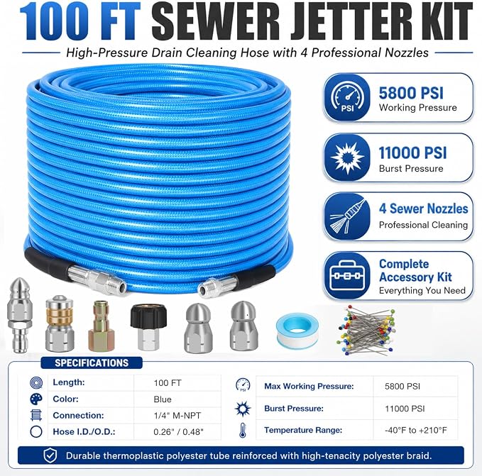 100 FT Sewer Jetter Kit for Pressure Washer, 5800PSI Water Jet Drain Cleaner Hose, 1/4 Inch NPT Corner with 4 Sewer Jetting Nozzles, Pearl Corsage Pin, Waterproof Tape, Handle Strap&2 Spanner (Blue)