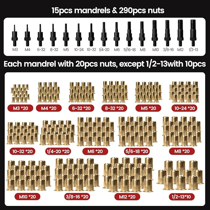 Rivet Nut Tool, 16" Heavy Duty Rivnut Tool Kit with 15PCS Metric/SAE Mandrels, 290PCS Rivet Nuts, 2 Step Drills, Wrench, Gloves & Carrying Case, Auto Release Nut Design