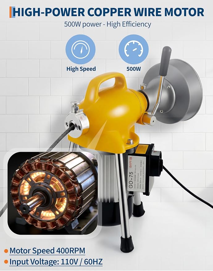 Portable Drain Cleaner Machine, Electric Sewer Snake Drain Auger with 66FT x 5/8" & 16FT x 3/8" Steel Cables and 7 Cutters, 500w Power Drain Cleaner Machine Auto Feed Pipe Snake for 3/4" to 4" Pipes