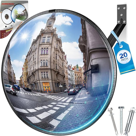 20" HD Acrylic Convex Mirror - 160 Adjustable Wide Angle View, Leather Frame & ABS Back, Blind Spot Mirror for Indoor/Outdoor Use in Garage, Warehouse, Driveway, Store & Office Security