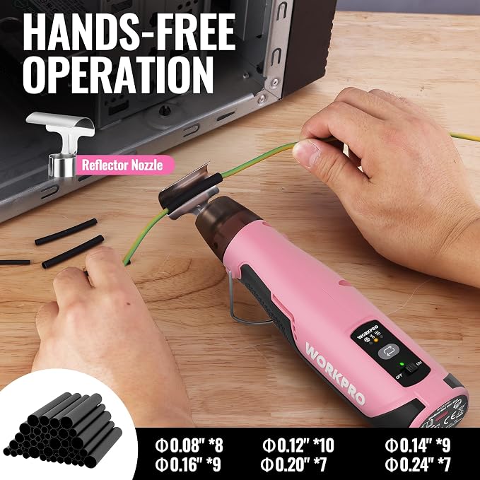 WORKPRO 7.2V Cordless Mini Heat Gun for DIY Crafts, 4000mAh Hot Air Gun, 1.5s Fast Heating, 3 Temp Settings (Cool/572°F/842°F), USB-C Rechargeable - Pink Ribbon