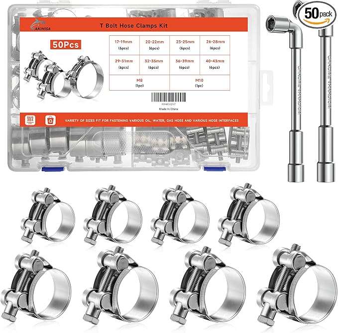 AKIHISA 50Pcs 17-43mm 8Sizes T Bolt Hose Clamps, 304 Stainless Steel Heavy Duty Hose Clamps, Constant Tension Hose Clamp, with M8 and M10 Socket Wrenches