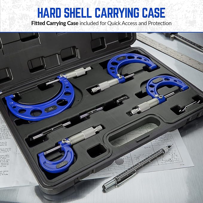 Premium Outside Micrometer Set 0-4" / 0.0001" (0-1"/1-2"/2-3"/3-4") Precision Machinist Tools w/Carbide Tips, Standards, Ratchet Stop, Blue