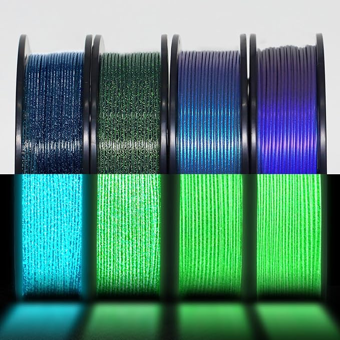 RepRapper Glitter Multicolor Mixed 250g*4 Sample Pack, Shiny Galaxy PLA Filament 1.75mm, Glow in the Dark Green 3D Printer Filament, Sparkle Laser Series 3D Printing Filament for 3D Printer