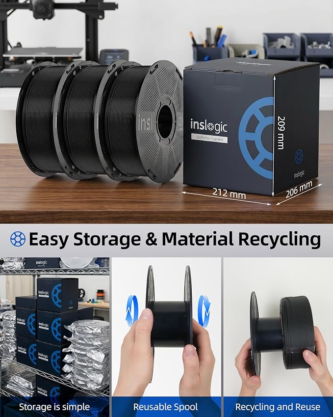 Inslogic PETG 3D Printer Filament 3KG (1kg × 3 Spools), 1.75mm Black, Factory Pre-Dried High Toughness PETG, Low Shrinkage, Vacuum Sealed, ±0.02mm Accuracy, Compatible with Most FDM Printers