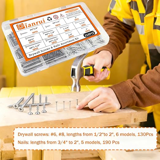 Dianrui Nails & Wood Screws Assortment Kit, 320 PCS #6#8 Philips Drywall Screws Set and High Hardness Hardware Small Nails for Picture Hanging/DIY Repair Project Length 1/2" to 2"