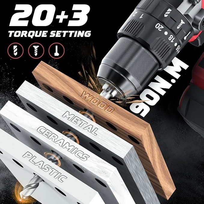 DIYtoolifz Cordless Drill Set Compatible with Milwaukee 18V Battery (Tool Only) 20+3 Torque Setting Power Drill Driver Set, 1/2 Inch Keyless Chuck Brushless Compact Driver Drill Kit Tool
