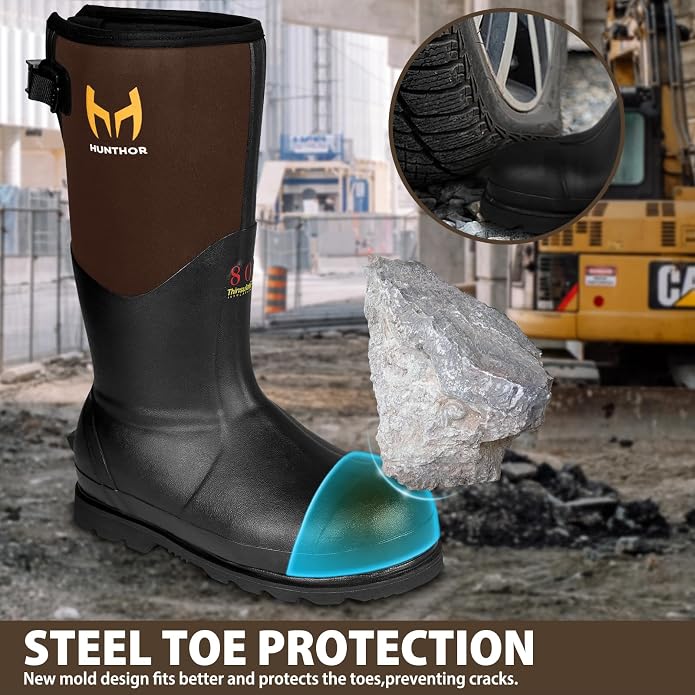 Rubber Work Boots with 800g Insulation, Puncture-Proof Steel Toe & Shank, Waterproof and Insulated 6mm Neoprene Hunting Boots for Farming, Construction, Fishing, and Manufacturing (Size 6-14)