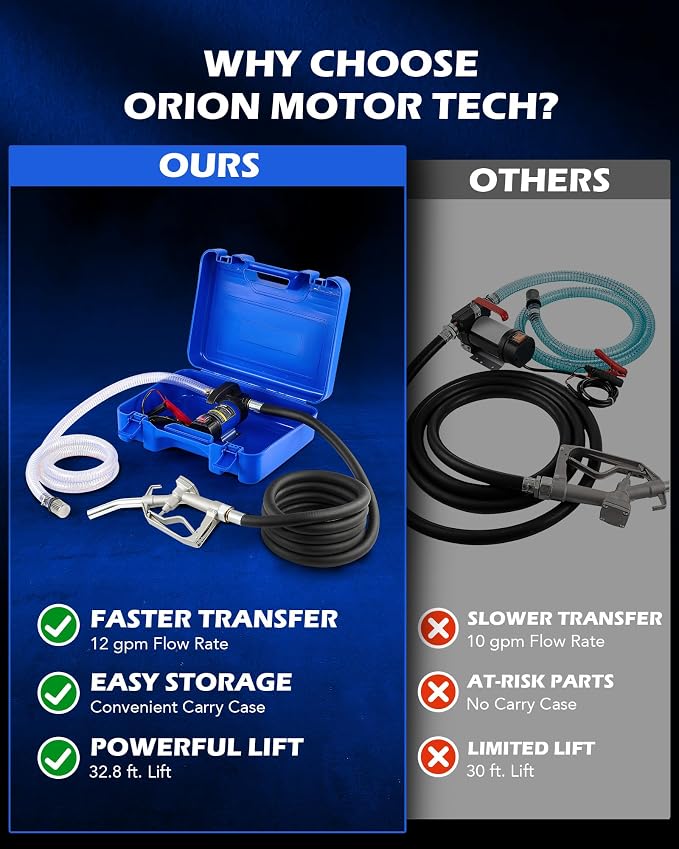 Orion Motor Tech Diesel Transfer Pump Kit, 12V Fuel Transfer Pump Kit with Nozzle & Hoses, Portable Electric Fuel Pump for Kerosene Diesel with Carry Case, Automotive Self Priming Oil Extractor