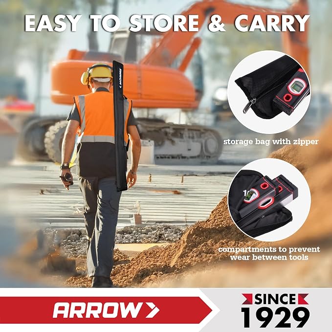 ARROW 3-Piece Spirit Level Set Included 9"/16"/48" Level with 45°/90°/180° Bubbles, Carrying Bag, Aluminum Alloy Body, Precision-Machined Base & Shockproof Rubber End Caps for Construction, Carpentry