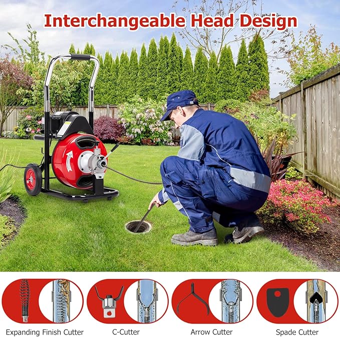 75FT x 1/2 Inch Electric Drain Cleaner Machine, Electric Drain Auger with Auto Feed Sewer Snake, 4 Cutters, Air-Activated Foot Switch, for 1-4 Inch Pipes, Toilets and Sinks