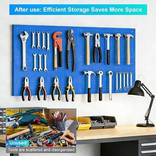 Metal Peg Board Panels 4 Pack, 24" x 12", Black, Blue | Heavy Duty Rust-Proof Wall Board Panels, Sturdy Steel Storage Pegboard for Garage, Workshop & Craft Room Organizer