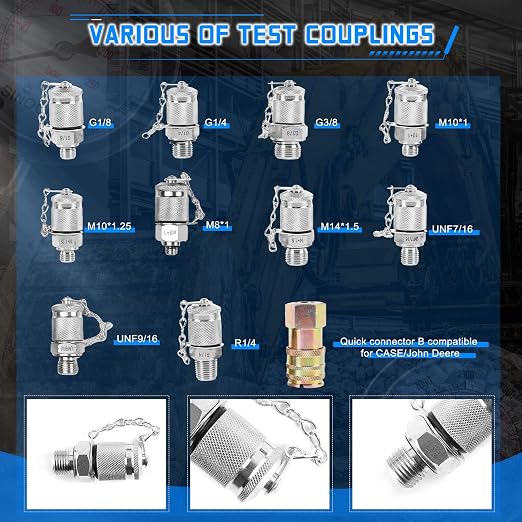 Hydraulic Pressure Gauge Test Kit Tractor Hydraulic Tester Set with 3 Gauges(25/40/60Mpa) 3 Hoses(64.5in) 11 Quick Connectors for Excavator Construction Machinery(Silver)