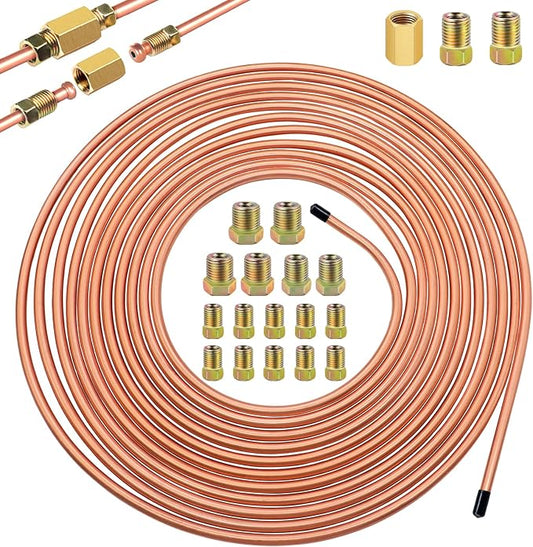 3/16inch x 25 ft Brake Line Tubing Kit Flexible Copper Coated Alloy Brake Line Tubing Coil with 18 Inverted Flare Fittings and 1 Unions SAE Standard