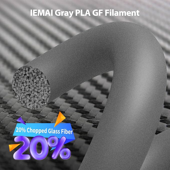 IEMAI PLA Glass Fiber Filament 1.75mm Matte Gray 1kg, Reinforced PLA-GF 3D Printer Filament for High Stiffness, Dimensional Stability & Low Warpage, Easy to Print