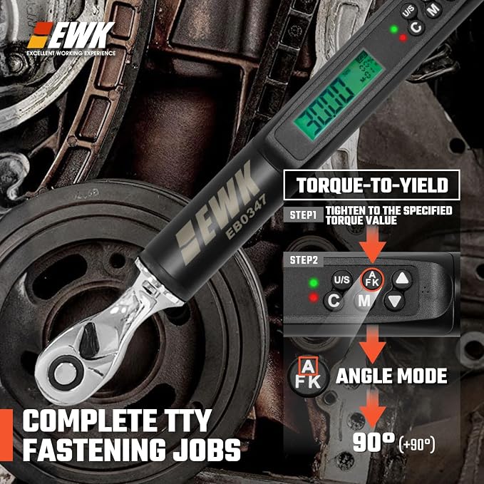 EWK 1/4" Drive Digital Angle Torque Wrench 1.1-22.1 ft-lbs (1.5-30 Nm) | ±1.5% clockwise / ±2.5% counterclockwise and angle accuracy of ±2%, LCD Display, LED Buzzer Vibration Alert, 30 Memory Values