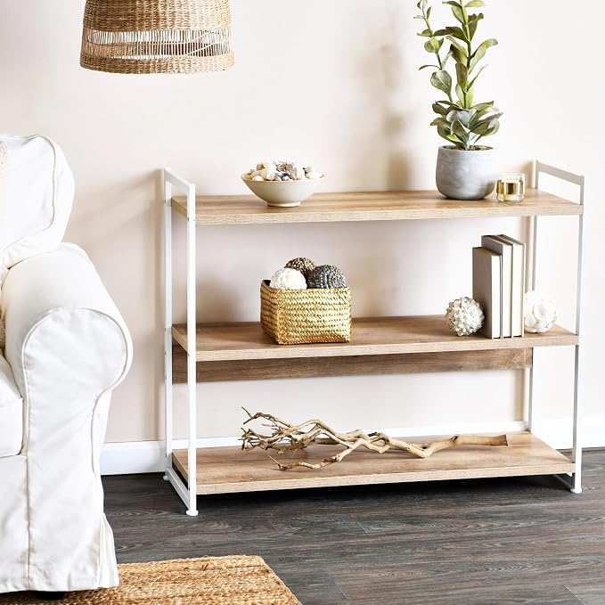 Household Essentials Jamestown Wide 3 Shelf Open Storage Bookshelf Coastal Oak Rustic Wood Grain and White Metal
