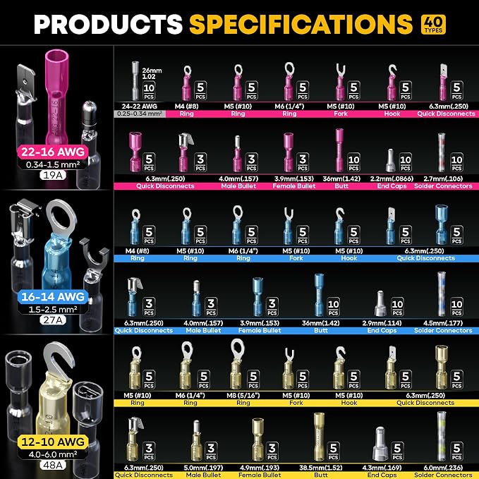 Crimping Tool Kit with Heat Shrink Connectors - 40 Types Heat Shrink & Solder Connector (24-10 AWG) - Waterproof Ring, Fork, Hook, Spade & Bullet Terminals & Wire Stripper for Auto Boat Wiring