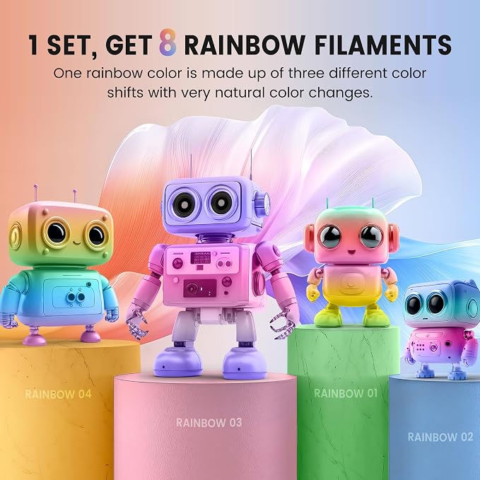 SUNLU 3D Printer Filament Bundle, PLA+ Silk Rainbow Filament Multicolor 1.75mm, Individually Vacuum Packed, 250G Spool, 8 Rolls, 2kg in Total, 8 Rainbow Color, Suit for Christmas Print