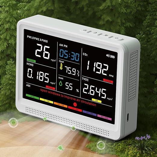 bonoch 16 in 1 Air Quality Monitor Indoor 10h-Battery & Real-Time Display 9 AQI+7 AQI Alerts, CO2 Monitor, Air Quality Tester Meter for CO2, TVOC PM2.5 PM1.0 PM10 HCHO Temperature Humidity AQI & Time