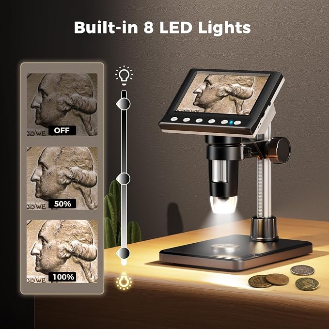 4.3 Inch LCD Digital Coin Microscope, 1000X USB Magnifier with 8 Adjustable LED Lights for Coin Inspection, Electronics Repair, Soldering, Windows/Mac Compatible, 1080P