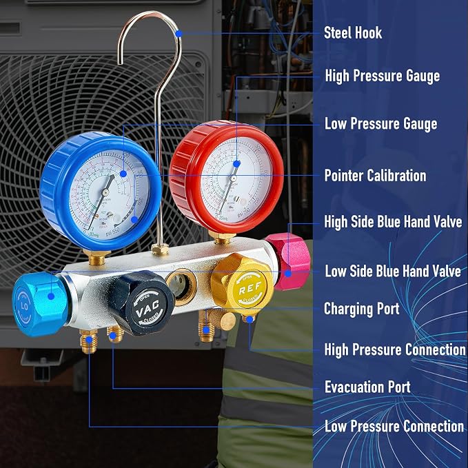BACOENG 4CFM AC Vacuum Pump and Gauge Set, 4 Way HVAC Vacuum Pump Kit for R134a R410a R22 Refrigerants AUTO/Mini Split Vacuum System, with R134a Car Quick Couplers, Can Tap and 4 Hoses