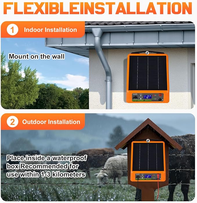 20miles Solar-Powered Electric Fence Charger, Adjustable Output Voltage:6/8/10/12kV, 2J Portable Solar Fence Charger Supports Battery/Solar/AC Power Ideal for Livestock/Garden/Orchard/Farm Protection