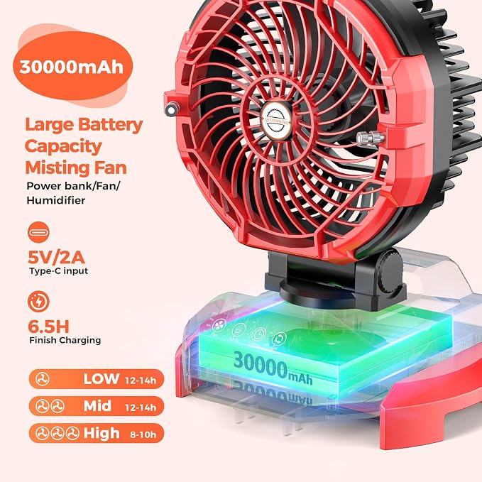 Portable Misting Fan, 30000mAh Rechargeable Battery Powered Floor Cooling Fan with 4 Strong Winds, 4 Spray Mister, Adjustable Base for 10-13in Bucket for Camping, Beach, Patio (Red, Medium)