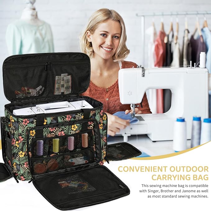 Sewing Machine Case with Wheels, Universal Rolling Trolley Tote with Shoulder Strap & Multiple Storage Pockets Compatible with Most Standard Singer, Brother, Janome, Floral